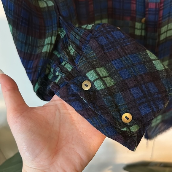 FREE PEOPLE | FP Plaid Blue and Green Motif Hand Dyed Flannel Button Up Shirt - Picture 3 of 9